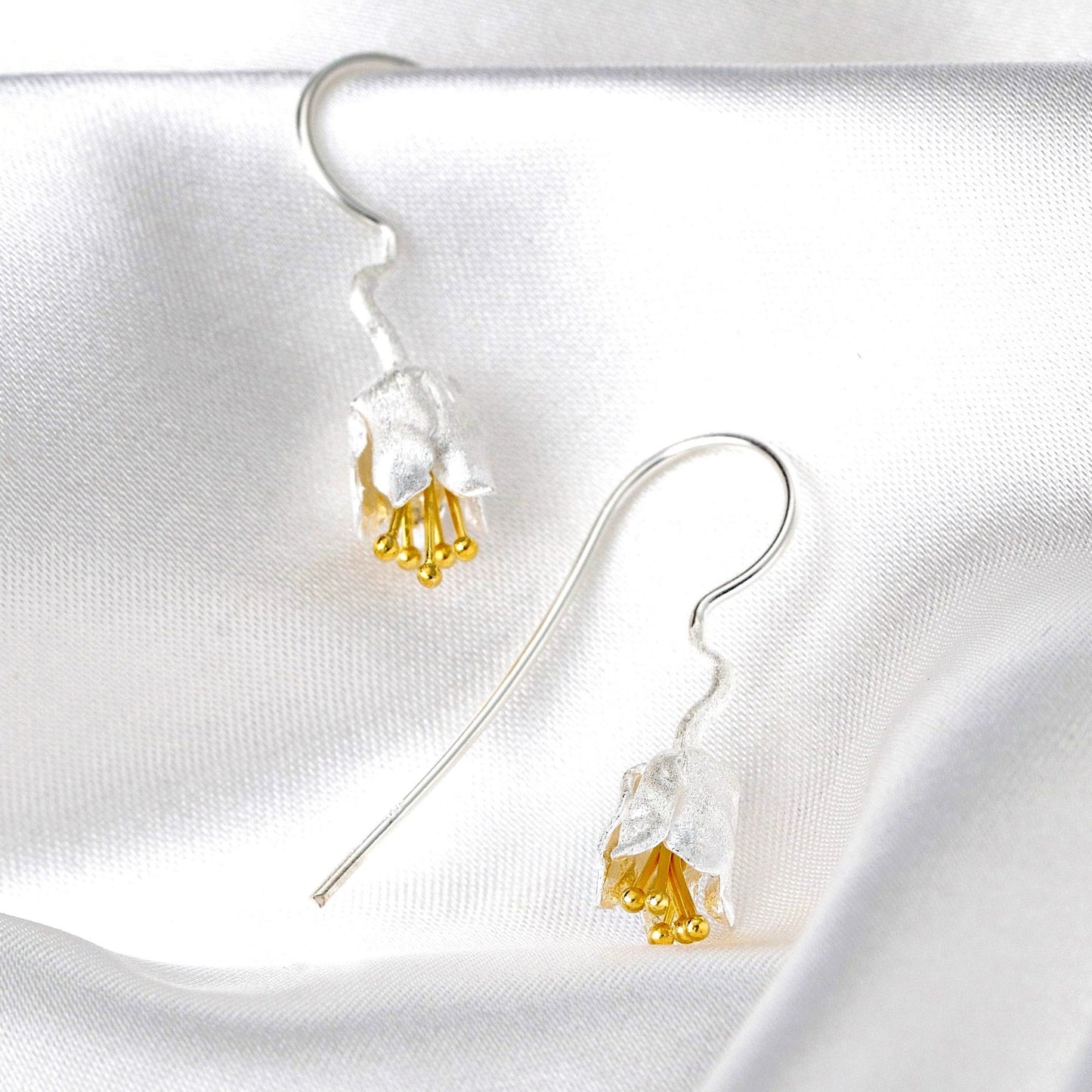 Bellflower Earrings - 925 Sterling Silver Gold Plated - Matte Stamens