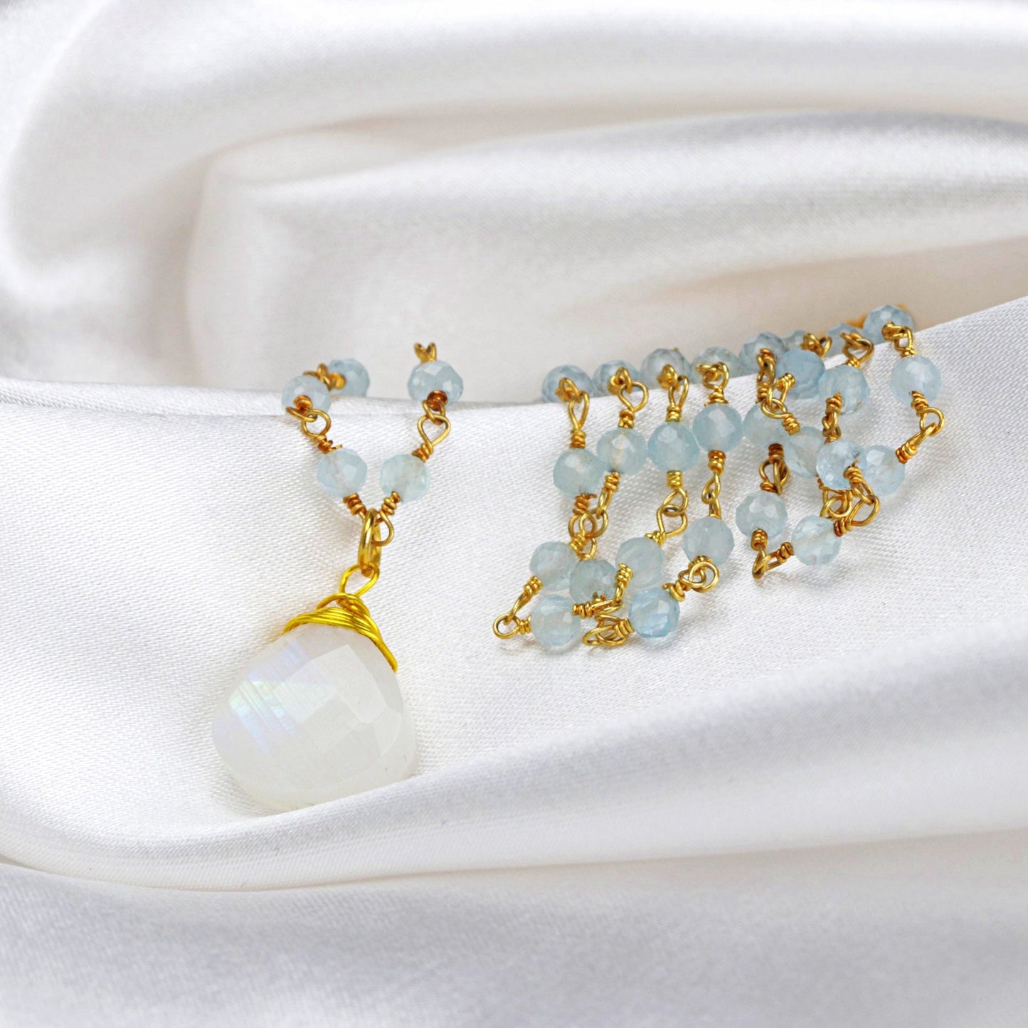 Moonstone & Aquamarine Gemstone Teardrop Pendant Necklace Gold