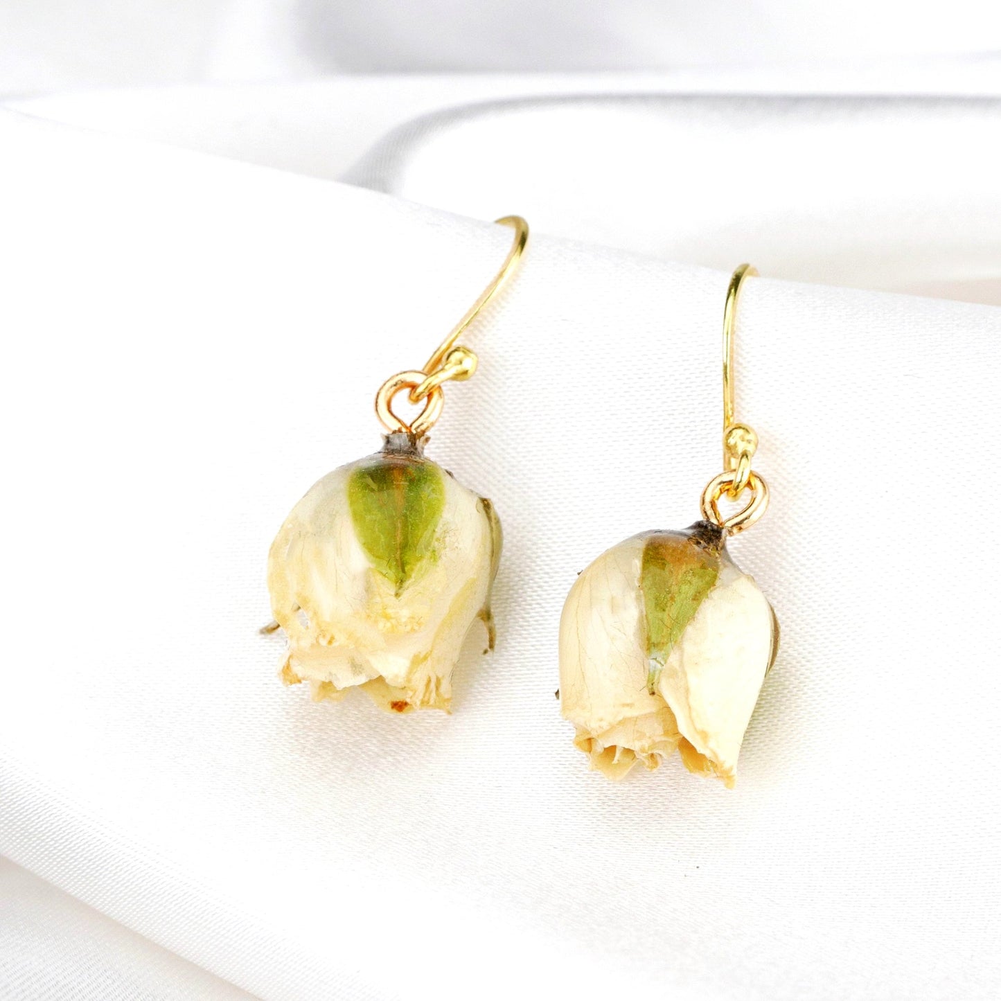 Real Small Rose Earrings - Cream White - 925 Sterling Gold Plated
