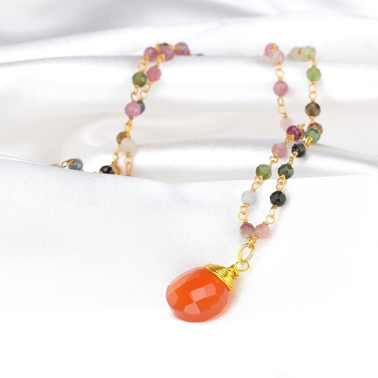 Carnelian & Tourmaline Gemstone Teardrop Pendant Necklace Gold - VIK