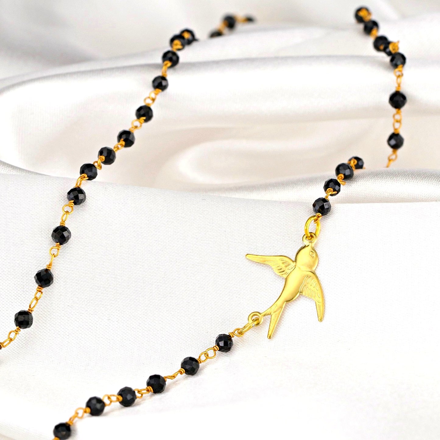Onyx Schwalbe Gold Pendant Chain - Gold Plated Bird Black Gemstone…