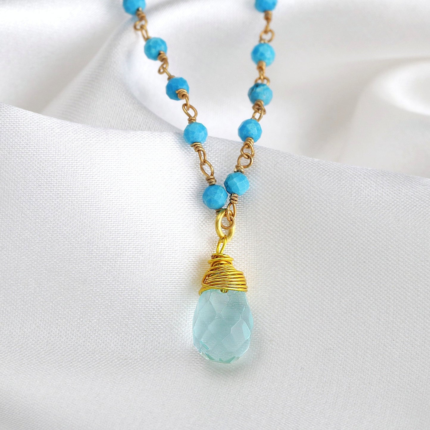 Chalcedon Drop Gold Chain - Gold Plated Blue Gem Rondella Elegant…