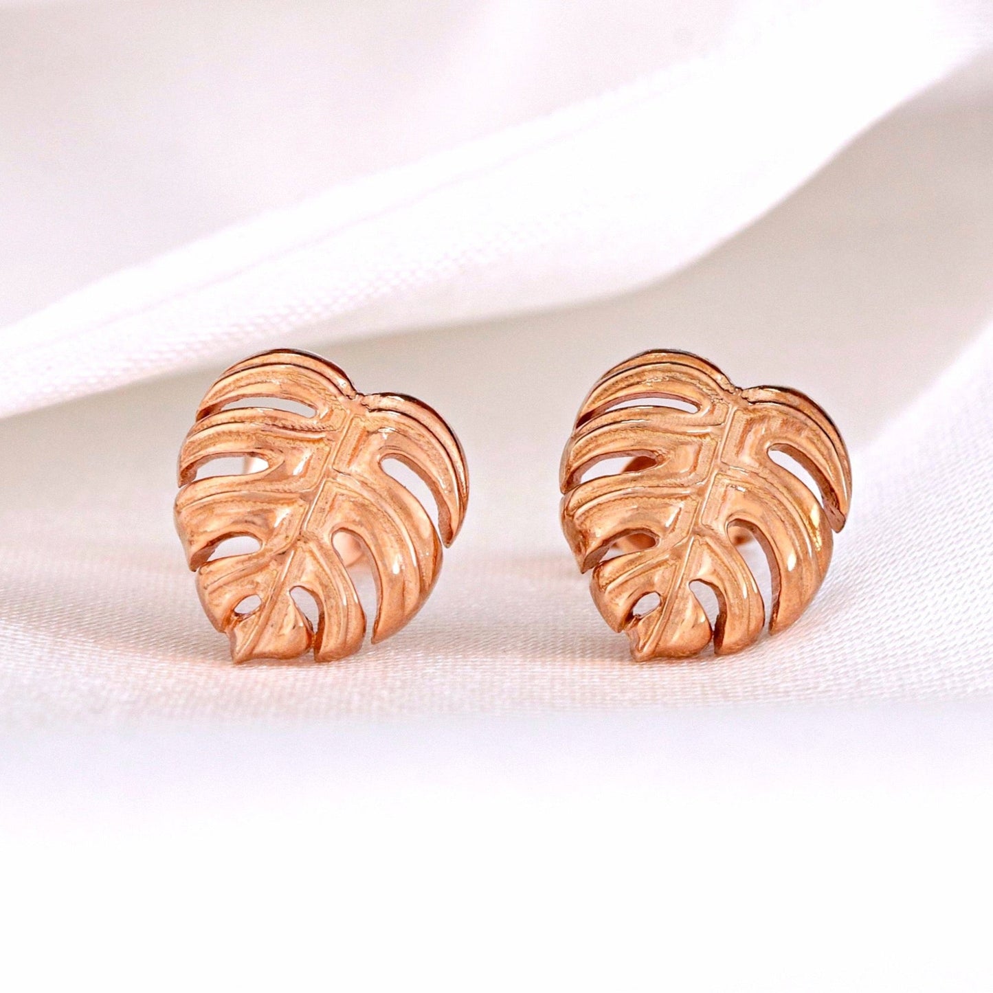 Monstera Leaf Stud Earrings - 925 Rosegold Gold Plated Exotic Leaves…