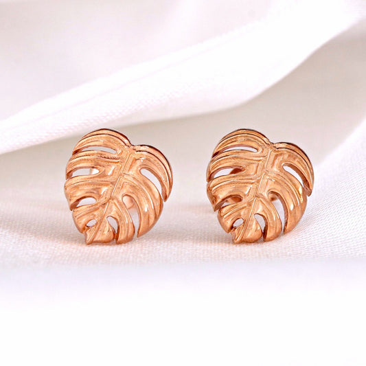 Monstera Leaf Stud Earrings - 925 Rosegold Gold Plated Exotic Leaves…