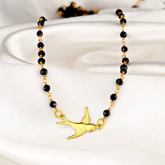 Onyx Schwalbe Gold Pendant Chain - Gold Plated Bird Black Gemstone…