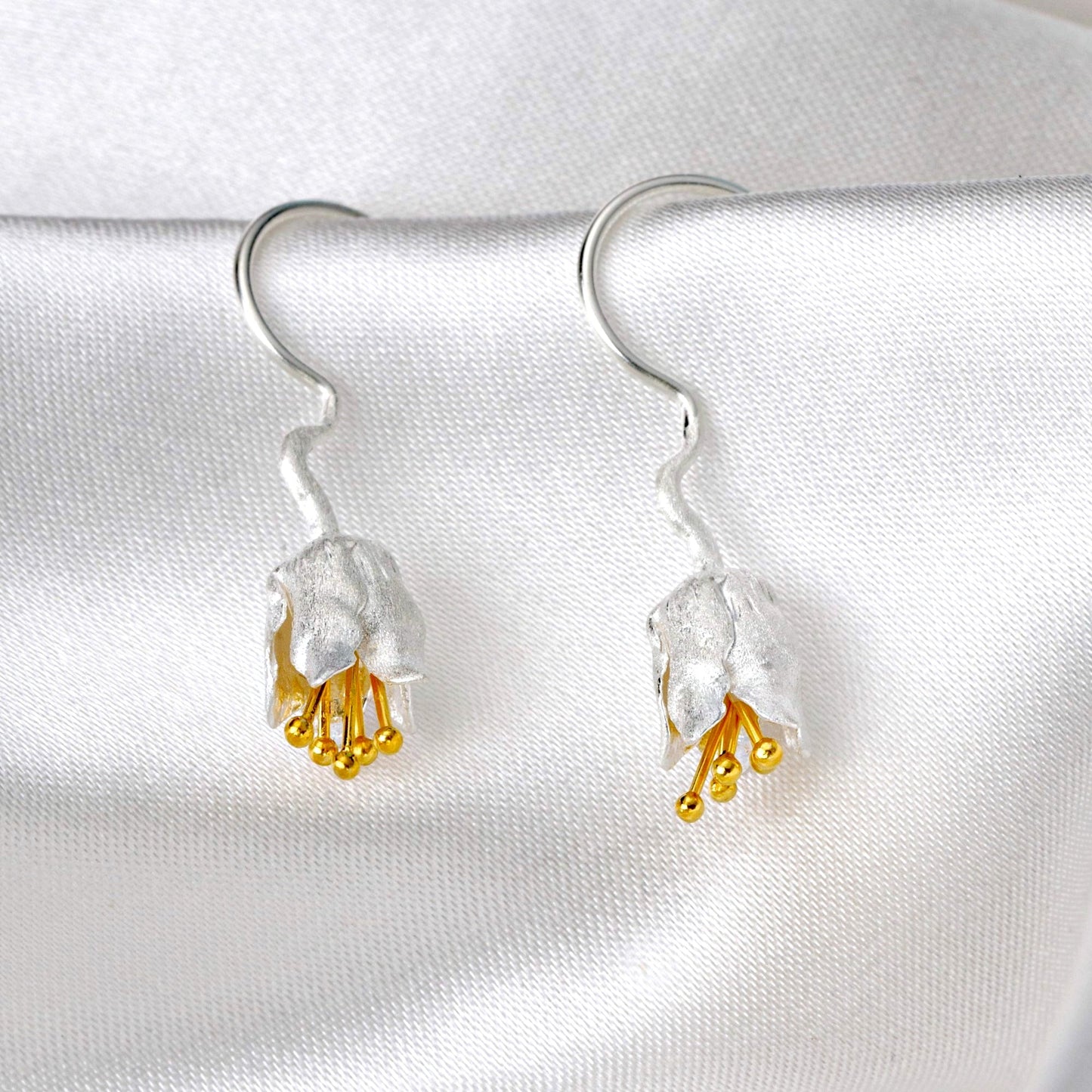 Bellflower Earrings - 925 Sterling Silver Gold Plated - Matte Stamens
