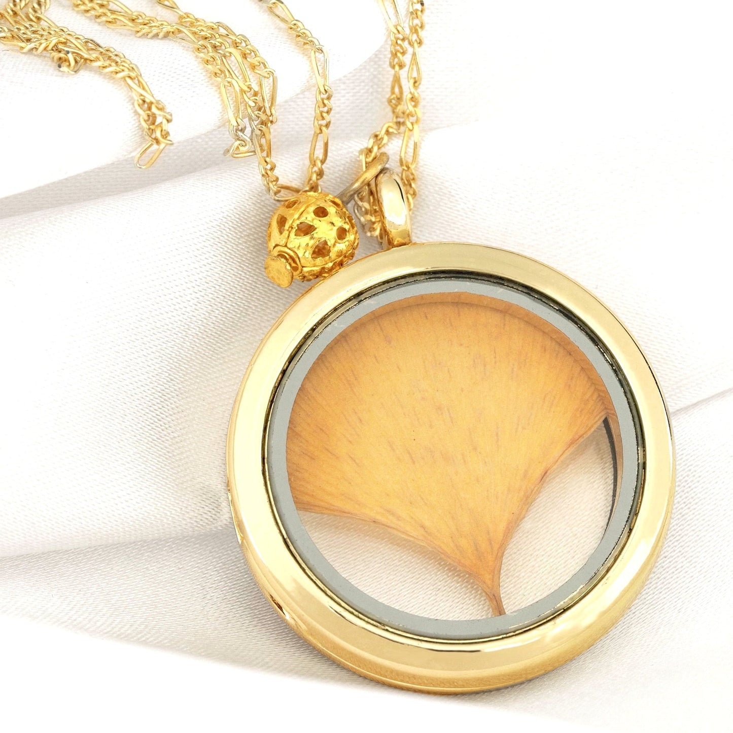 Ginkgo Leaf Gold Glass Amulet Pendant - 925 Sterling Gold Gilded…