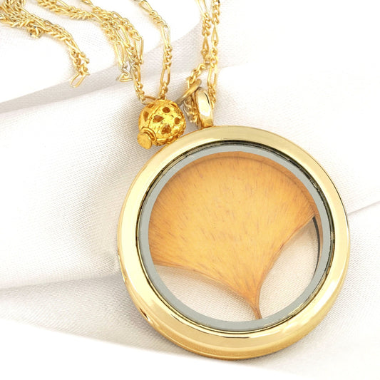 Ginkgo Leaf Gold Glass Amulet Pendant - 925 Sterling Gold Gilded…