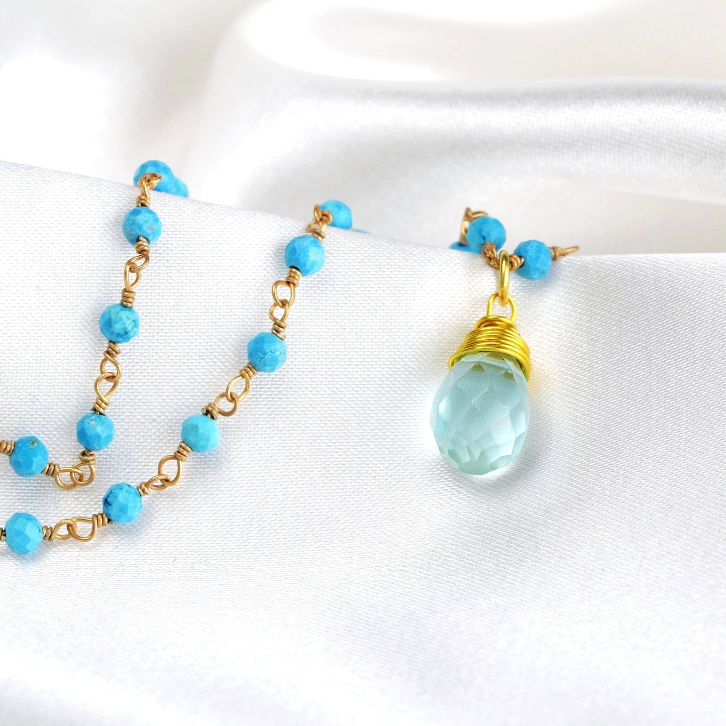 Chalcedon Drop Gold Chain - Gold Plated Blue Gem Rondella Elegant…