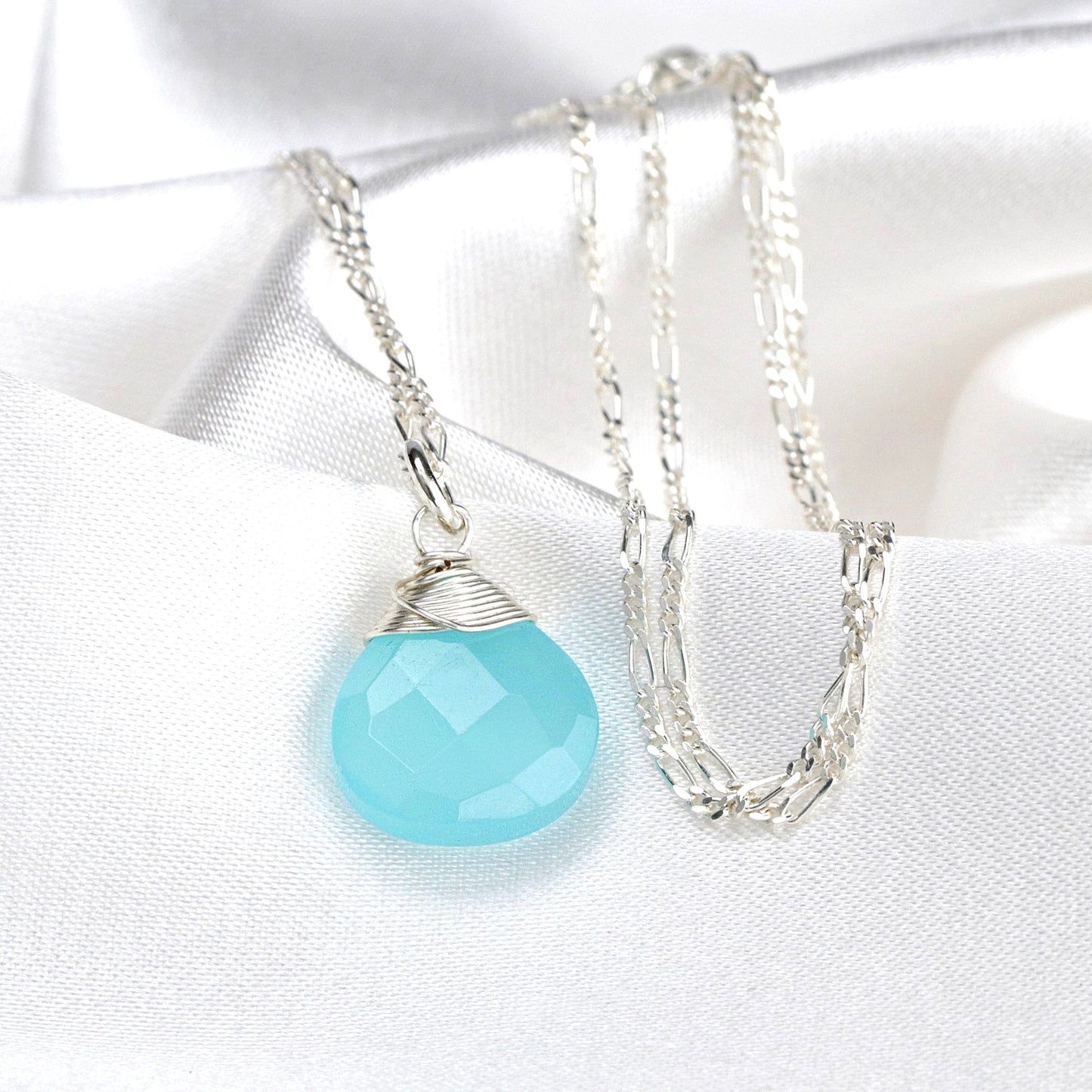 Chalcedon Drop Silver Chain - 925 Sterling Silver Blue Crystal Gem…