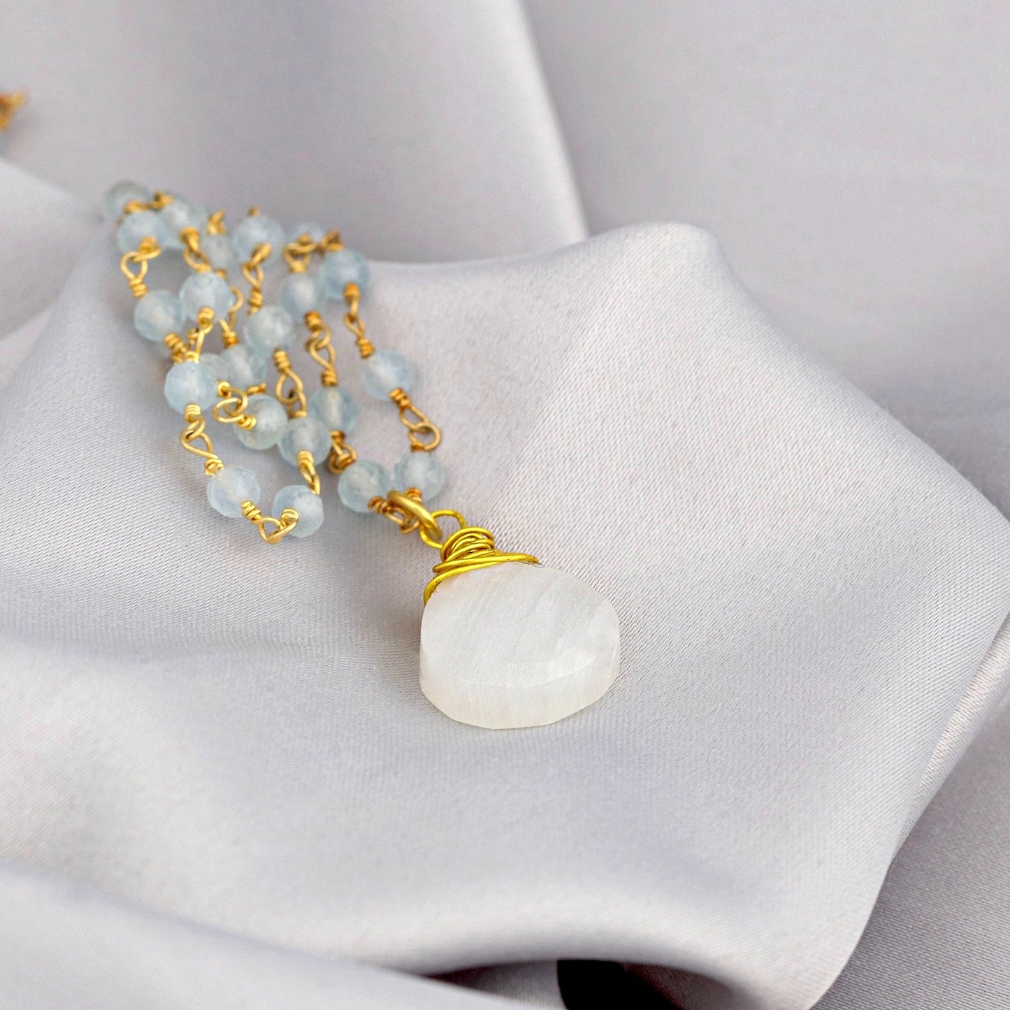 Moonstone & Aquamarine Gemstone Teardrop Pendant Necklace Gold