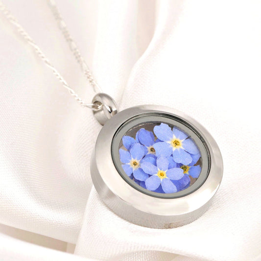 Forget-me-not flowers medallion - glass medallion with genuine…
