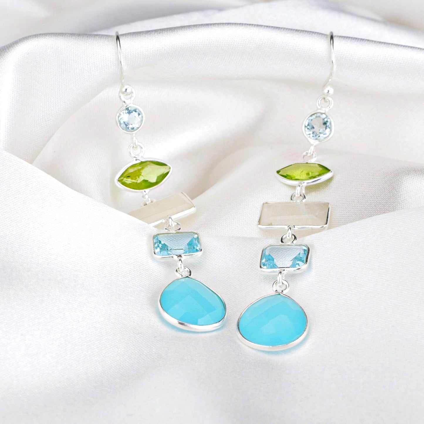Multi Gemstone Earrings - 925 Sterling Silver - Rock Crystal…
