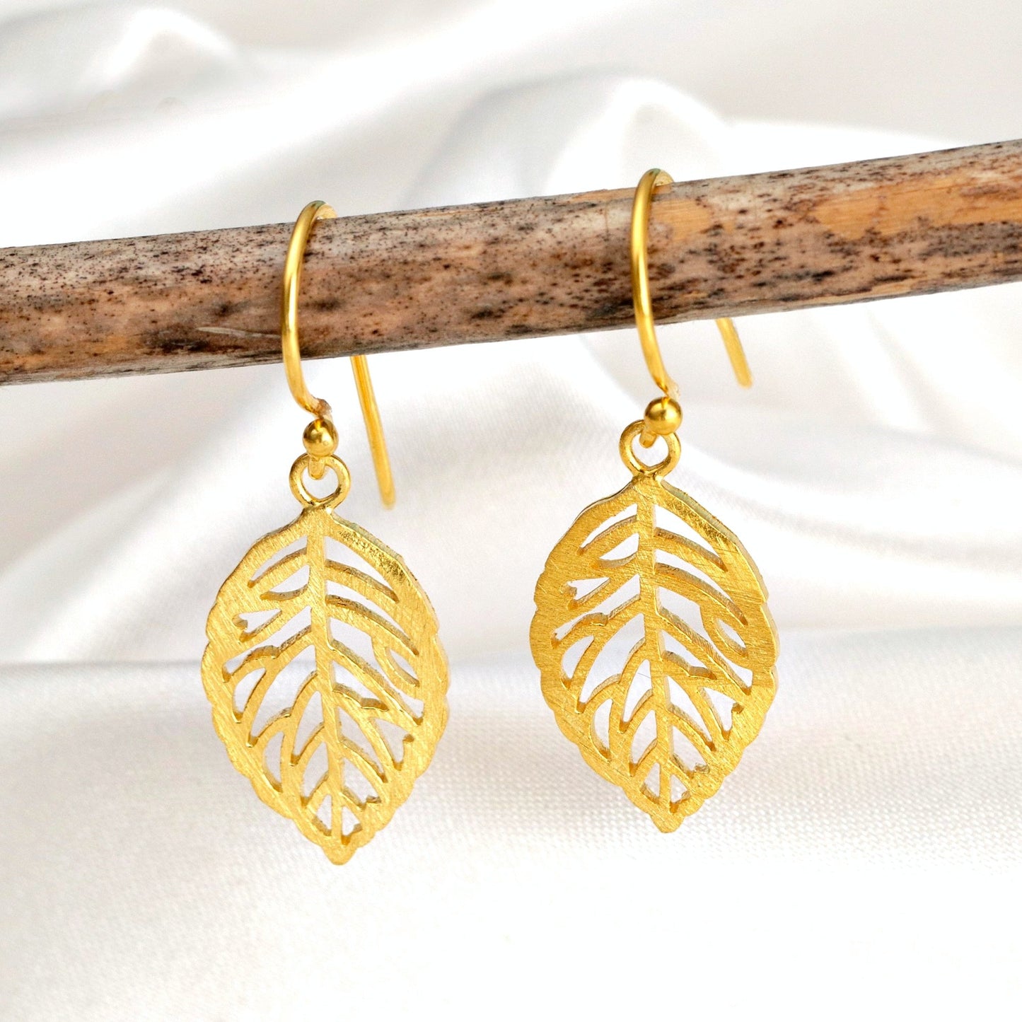 Leaf Earrings - 925 Sterling Gold Plated Botanical Drop Earrings — 14