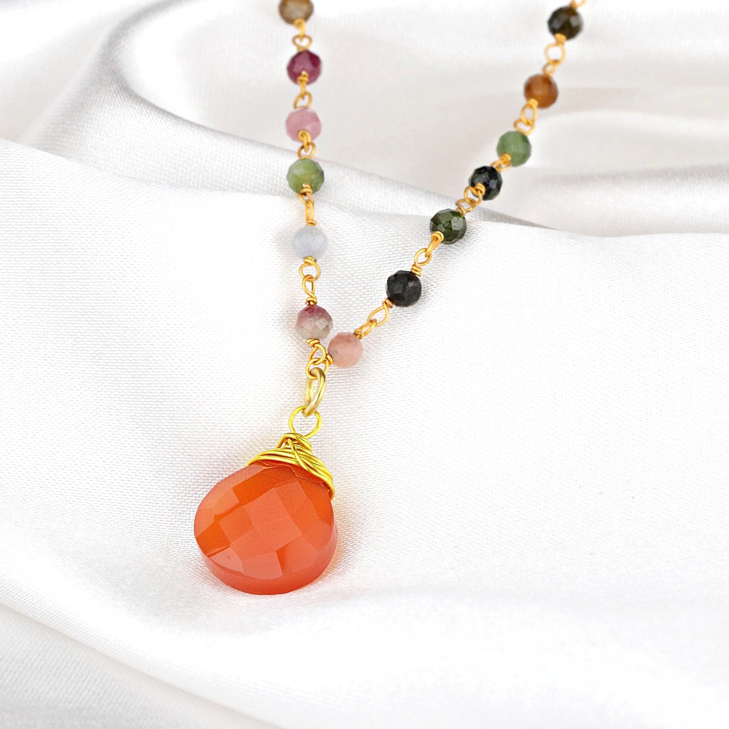 Carnelian & Tourmaline Gemstone Teardrop Pendant Necklace Gold - VIK