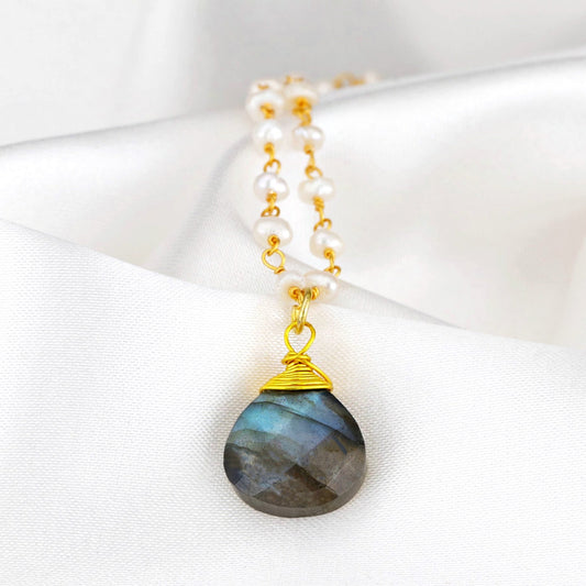 Labradorite & Freshwater Pearl Gemstone Drop Pendant Necklace Gold