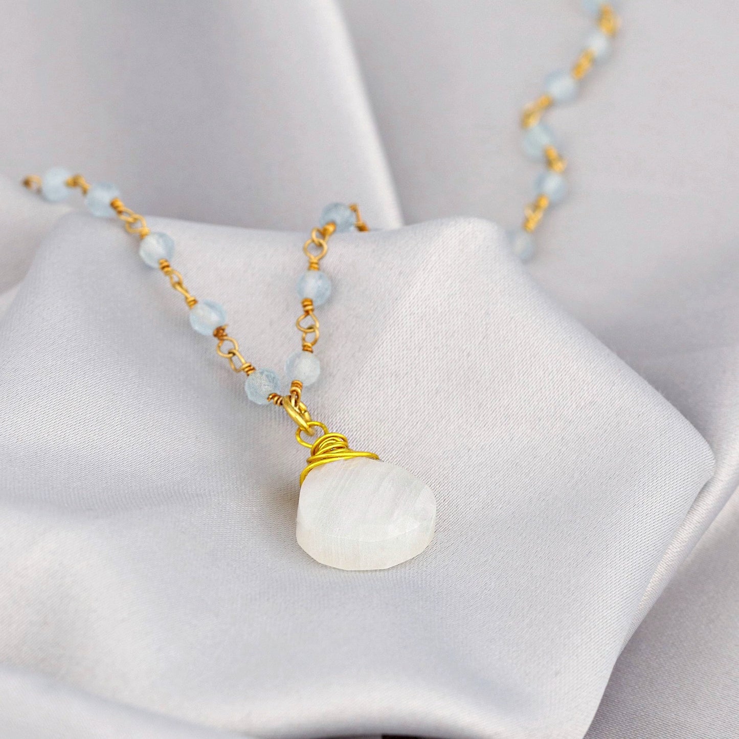 Moonstone & Aquamarine Gemstone Teardrop Pendant Necklace Gold