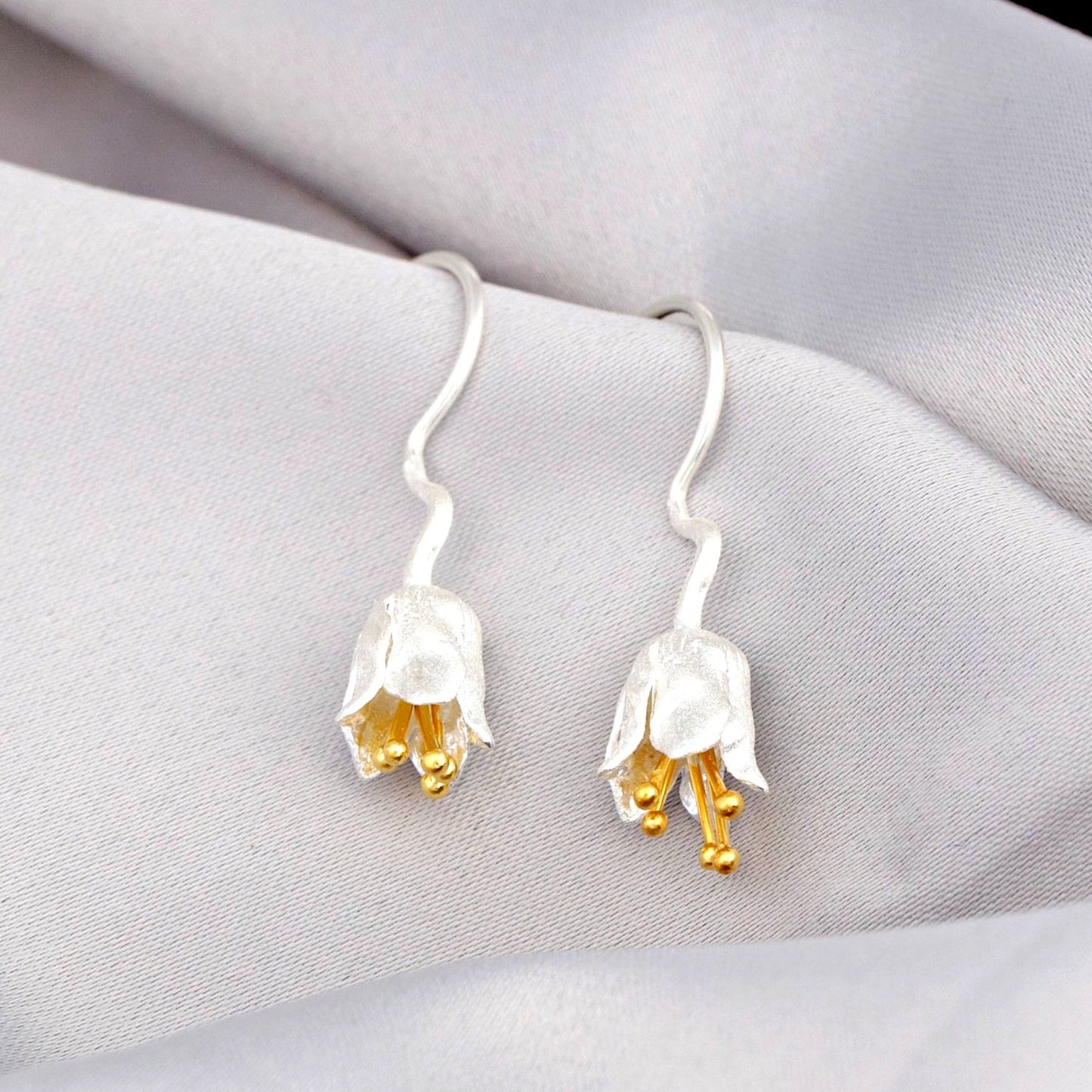Bellflower Earrings - 925 Sterling Silver Gold Plated - Matte Stamens