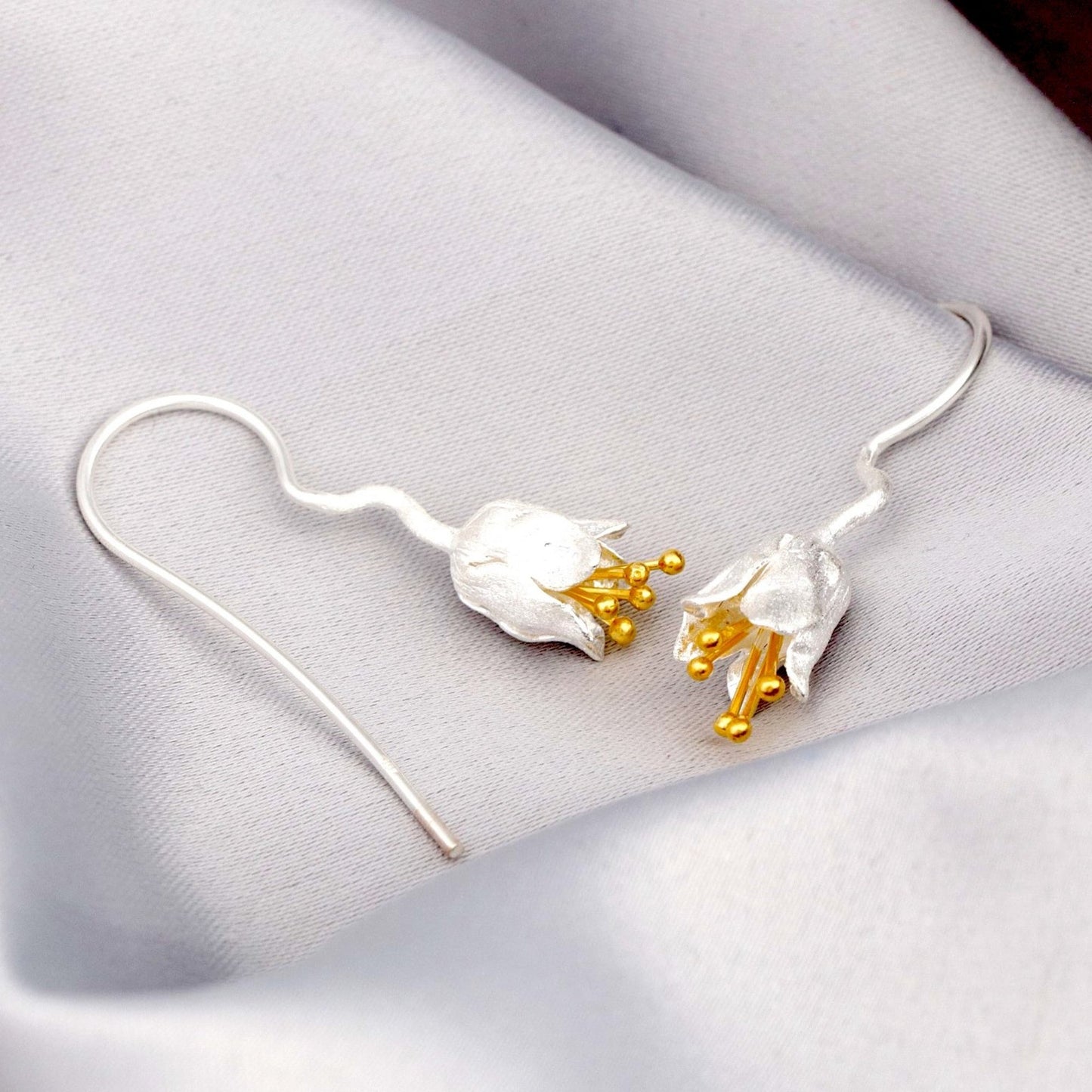 Bellflower Earrings - 925 Sterling Silver Gold Plated - Matte Stamens