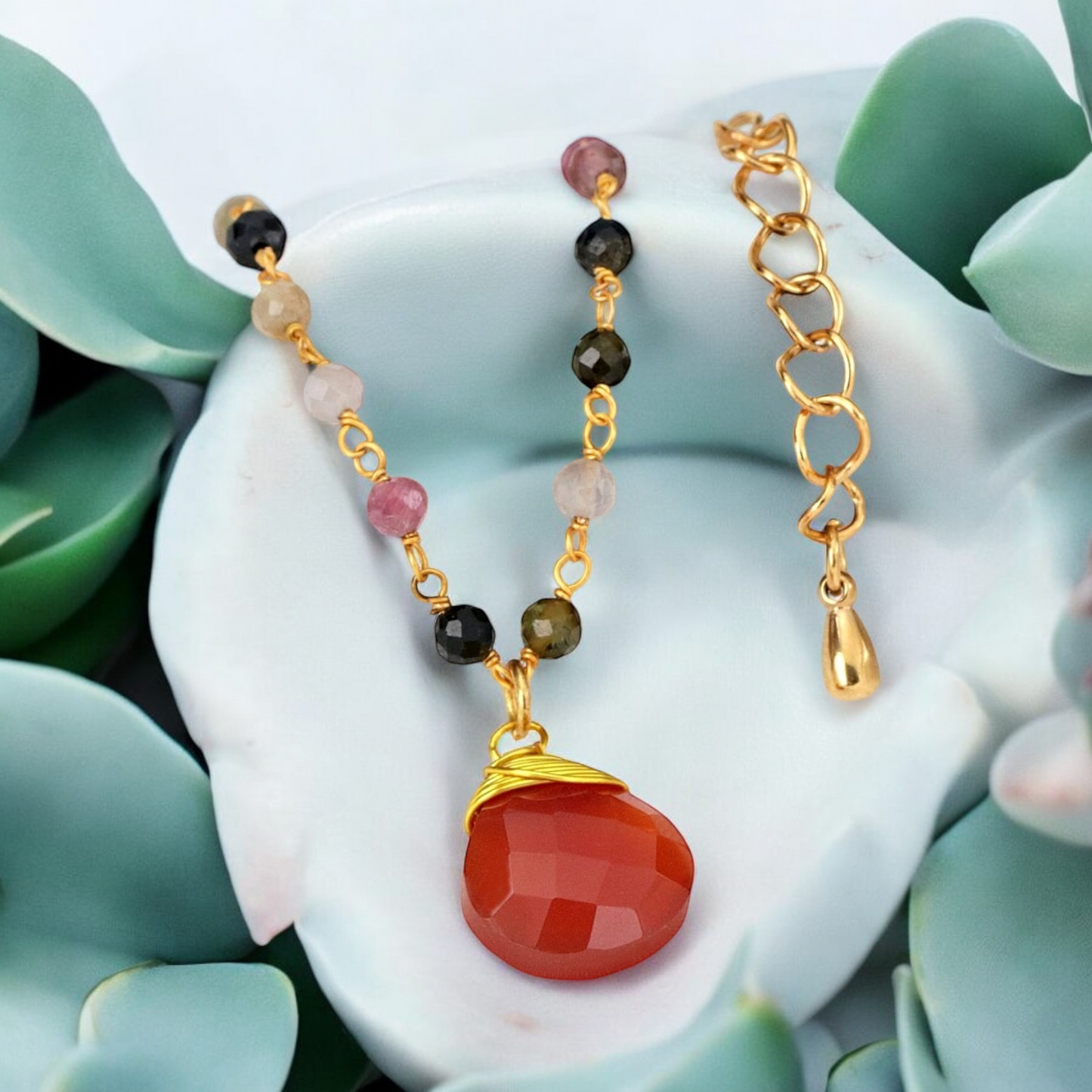 Carnelian & Tourmaline Gemstone Drop Bracelet Gold - RETARM-37