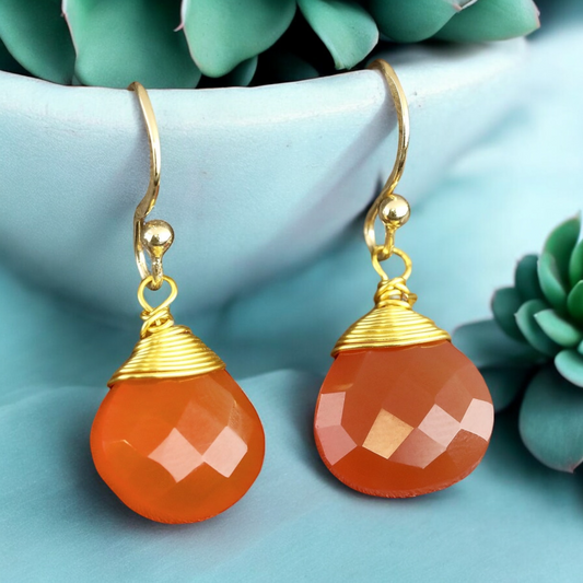 Carnelian Teardrop Gemstone Earrings - 925 Sterling Gold Plated