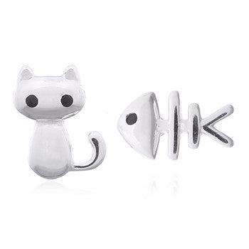 Cat & Fish — 925 Sterling Silver Stud Earrings