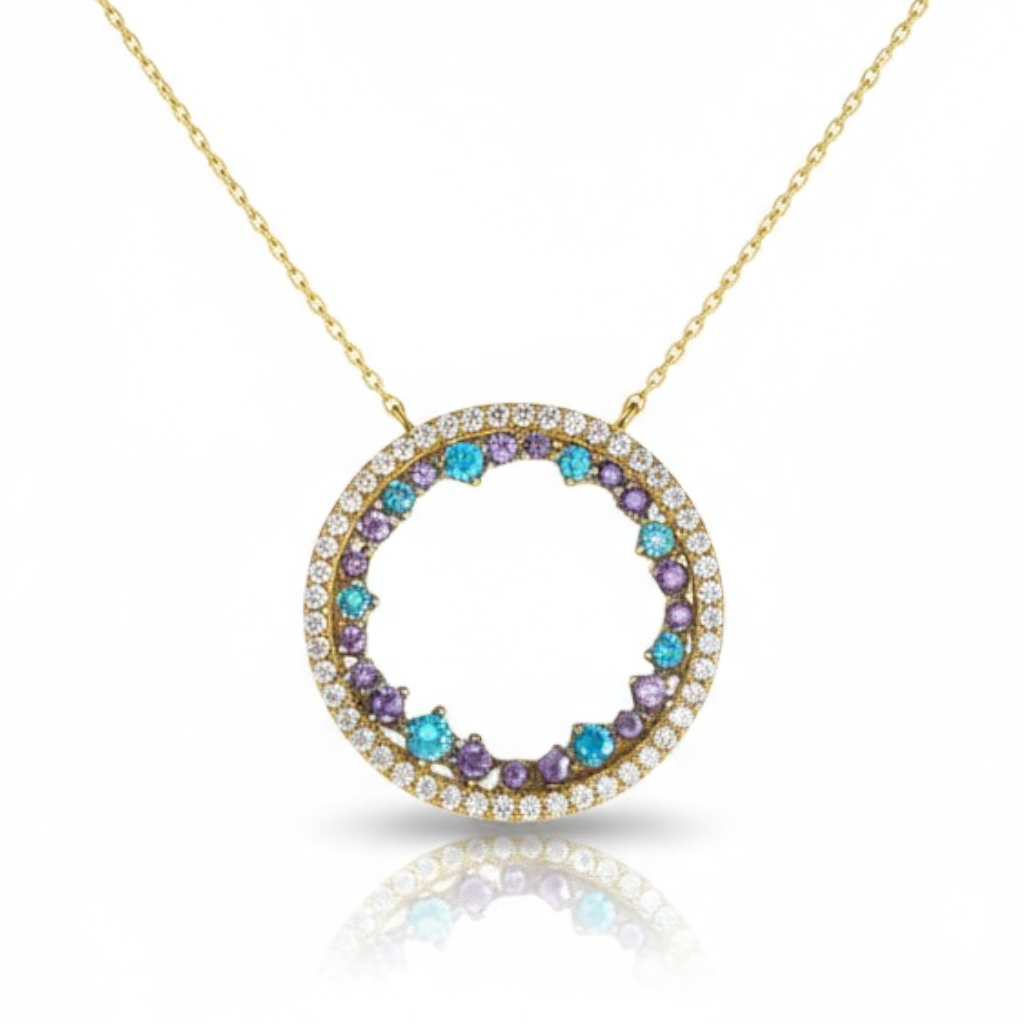 Galaxia Circle — 14k Gold Necklace with Blue & Violet Zirconia Pendant