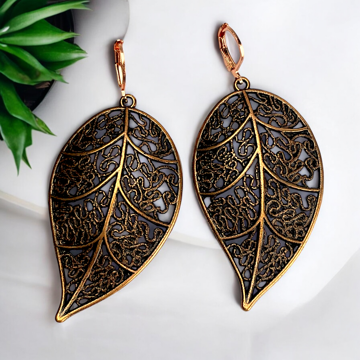 XL Antique Copper Earrings - Elegant Leaves, 4.5cm Length…