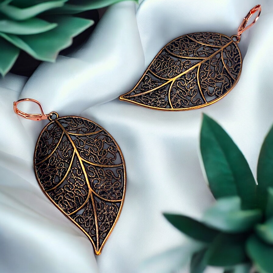 XL Antique Copper Earrings - Elegant Leaves, 4.5cm Length…