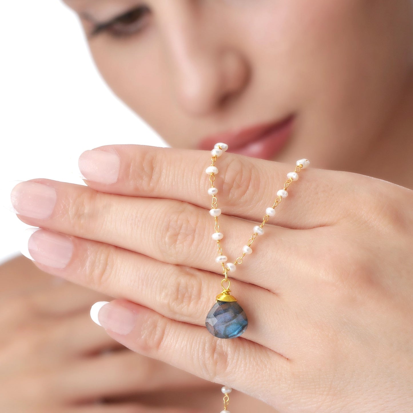 Labradorite & Freshwater Pearl Gemstone Drop Pendant Necklace Gold