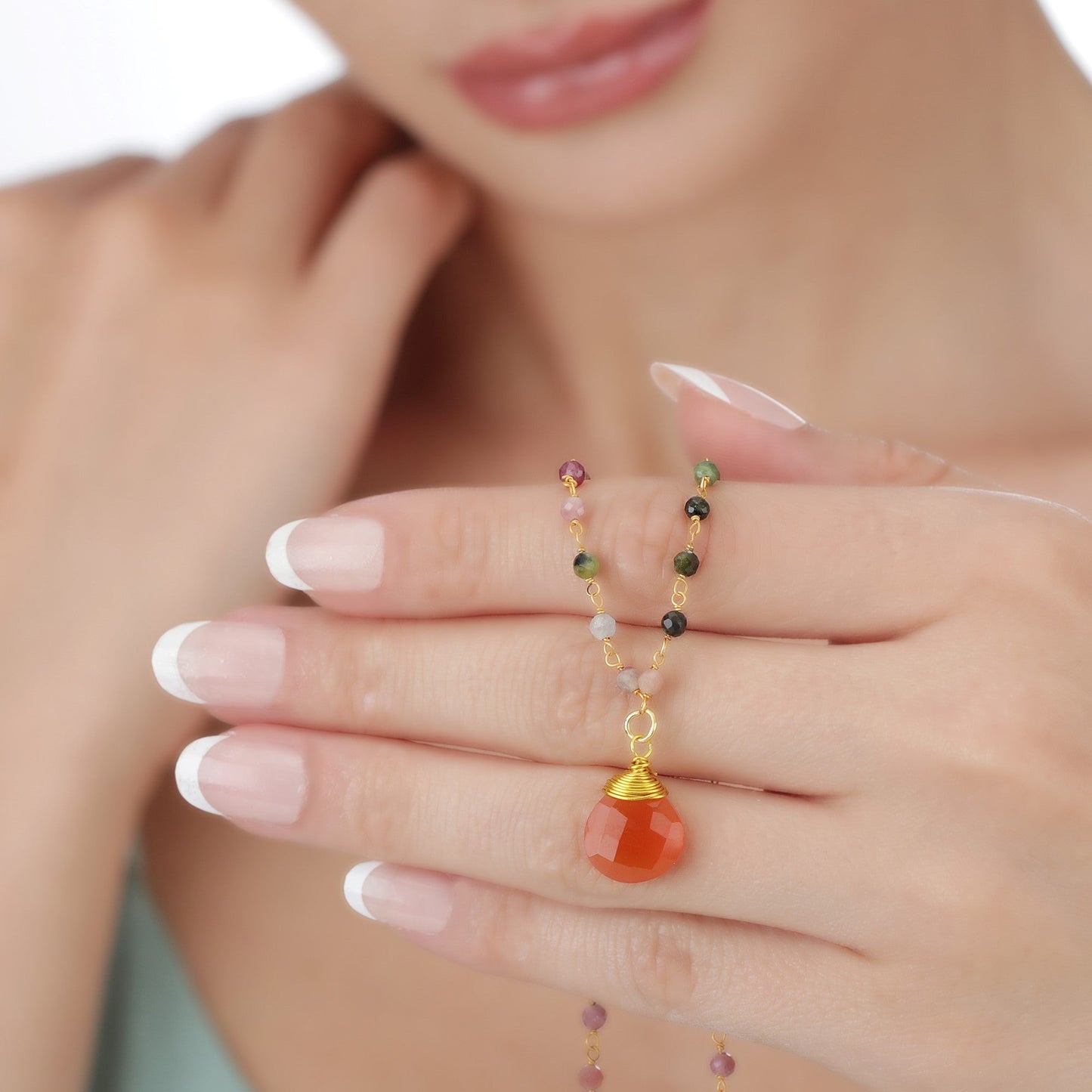 Carnelian & Tourmaline Gemstone Teardrop Pendant Necklace Gold - VIK