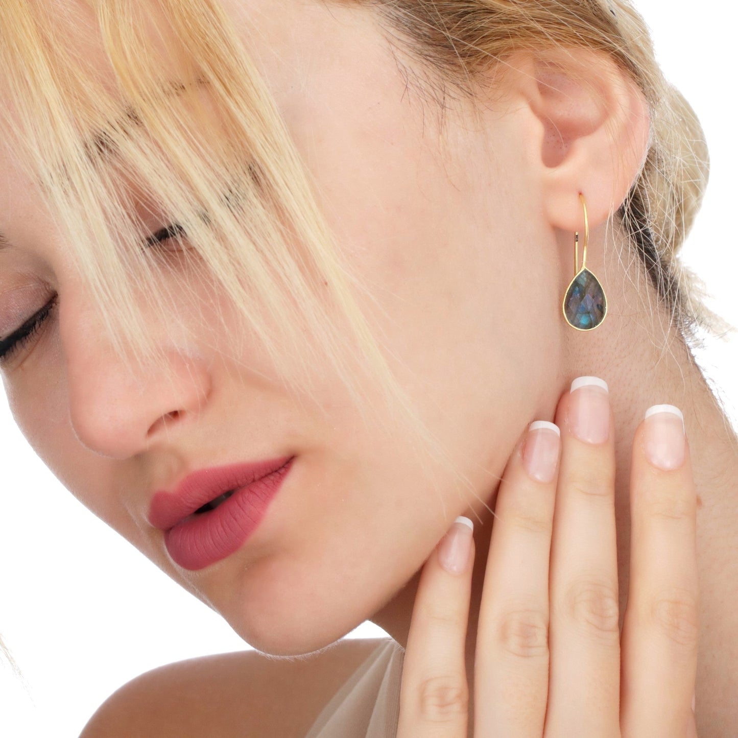 Labradorite Gemstone Earrings - 925 Sterling Silver Gold Plated