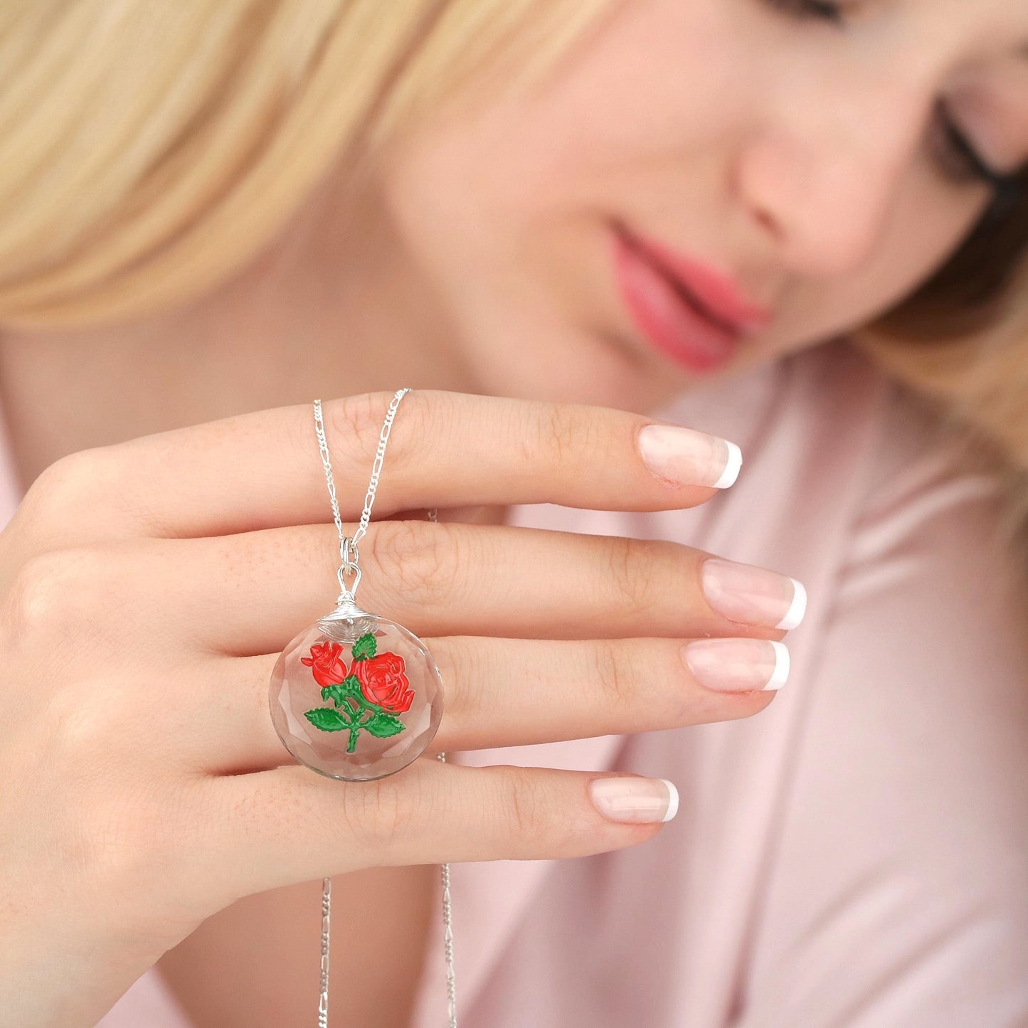 Frosted rose glass pendant chain - 925 sterling silver 3D symbolic…