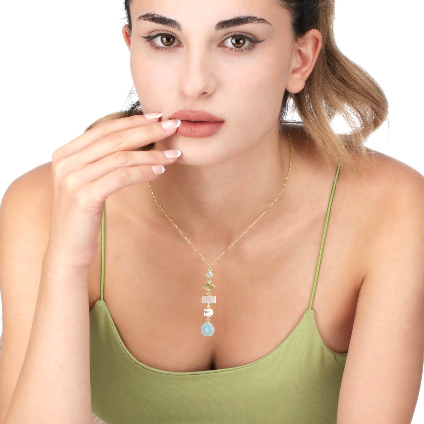 925 Sterling Silver Gold-Plated Multi-Gemstone Necklace (PR062)