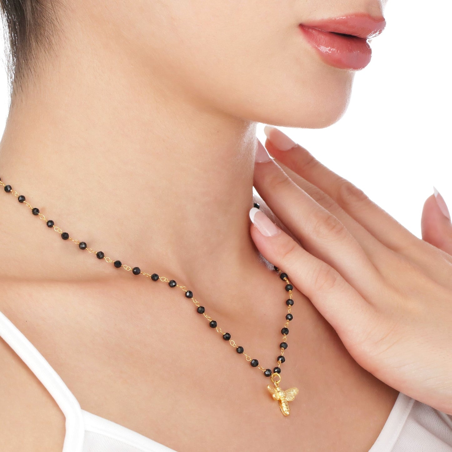 Gold Bumblebee Necklace with Onyx - Gemstone Chain with Petite Bees…