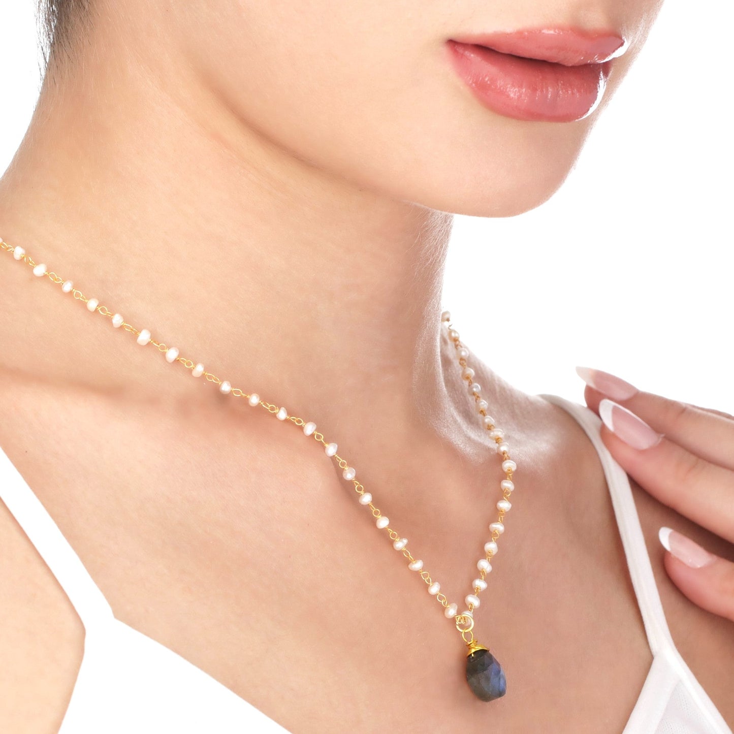 Labradorite & Freshwater Pearl Gemstone Drop Pendant Necklace Gold