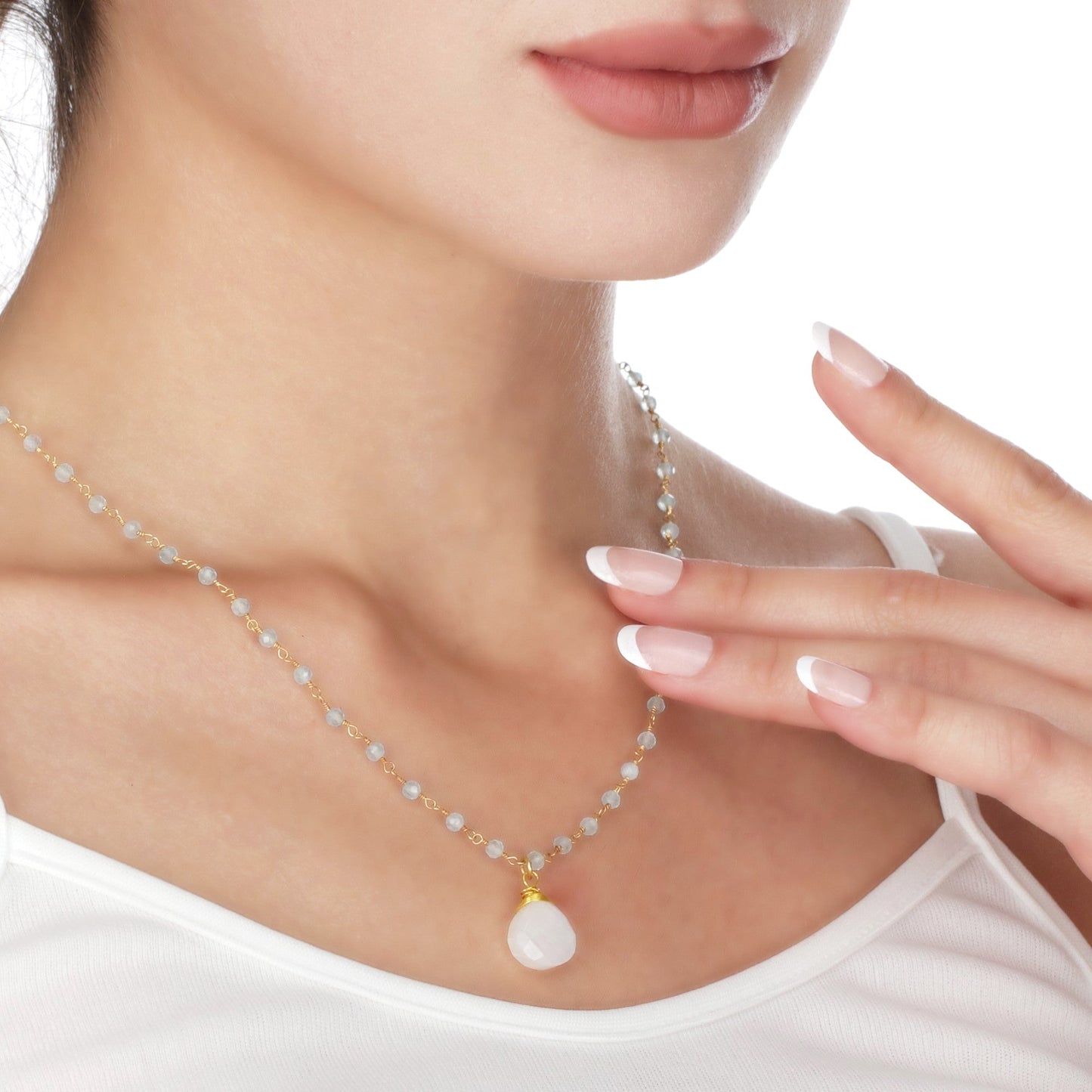 Moonstone & Aquamarine Gemstone Teardrop Pendant Necklace Gold