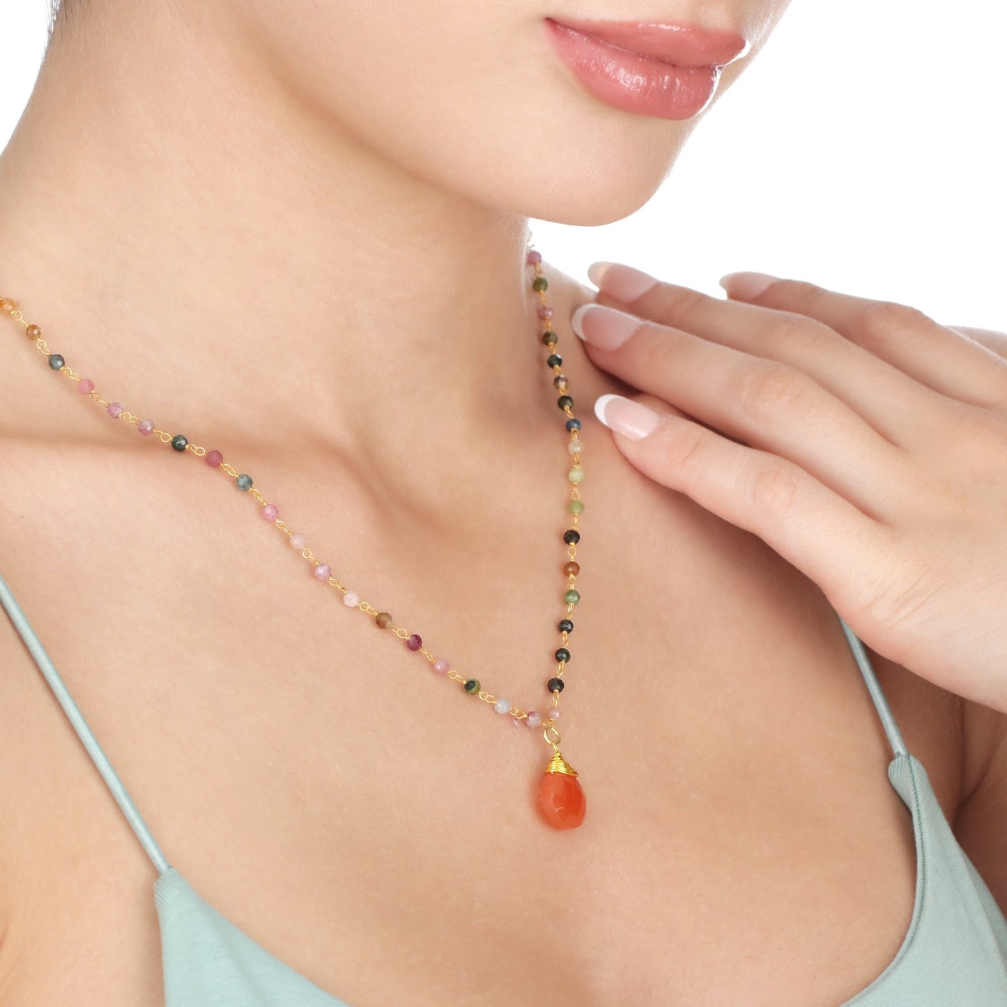 Carnelian & Tourmaline Gemstone Teardrop Pendant Necklace Gold - VIK