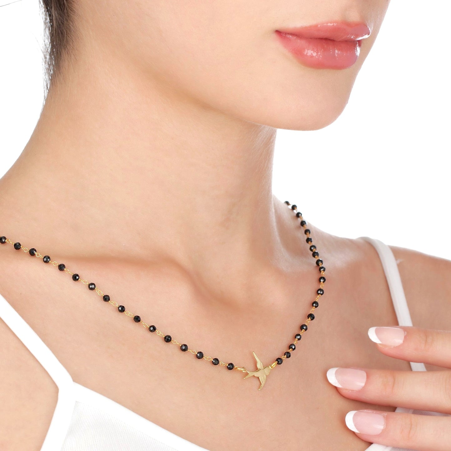 Onyx Schwalbe Gold Pendant Chain - Gold Plated Bird Black Gemstone…