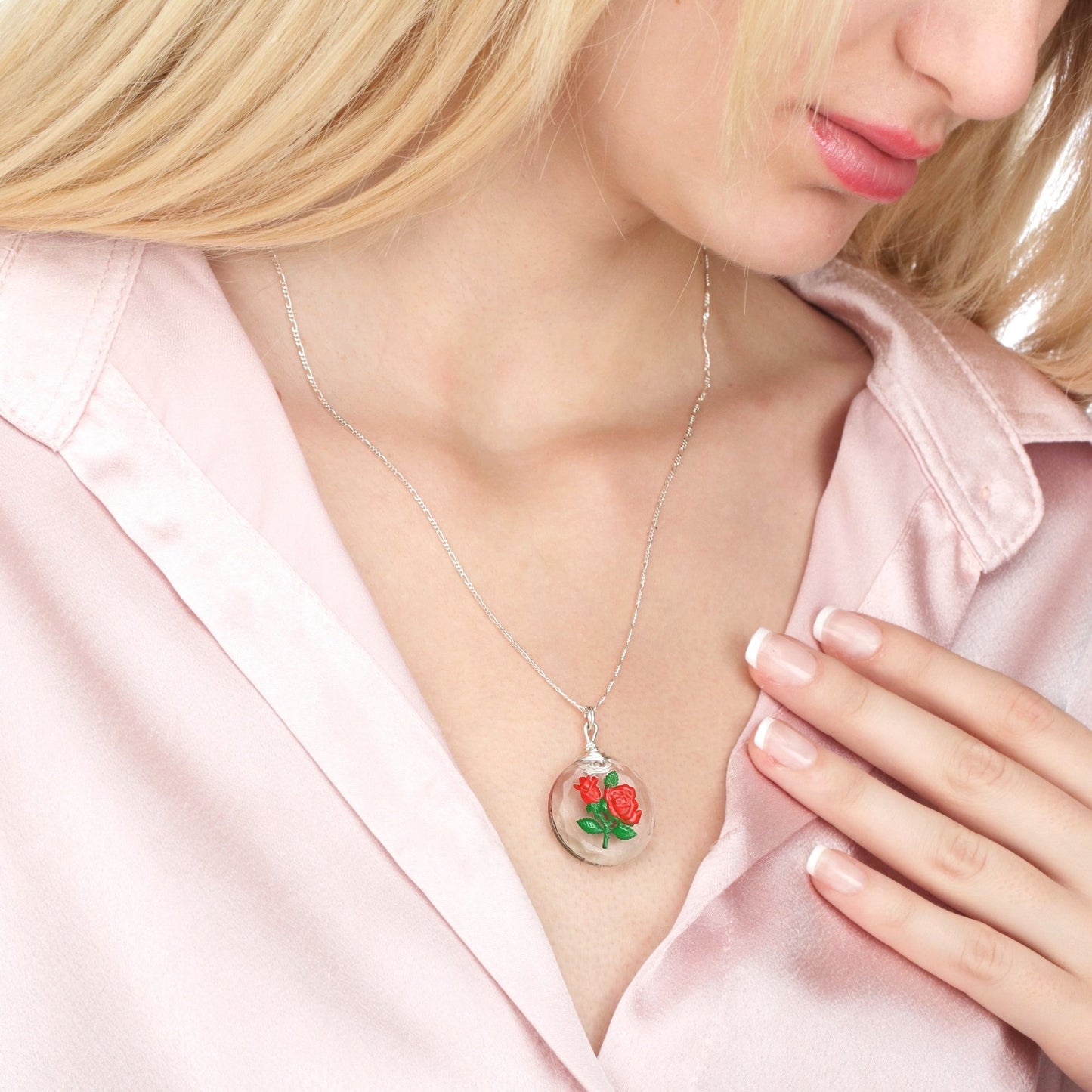 Frosted rose glass pendant chain - 925 sterling silver 3D symbolic…