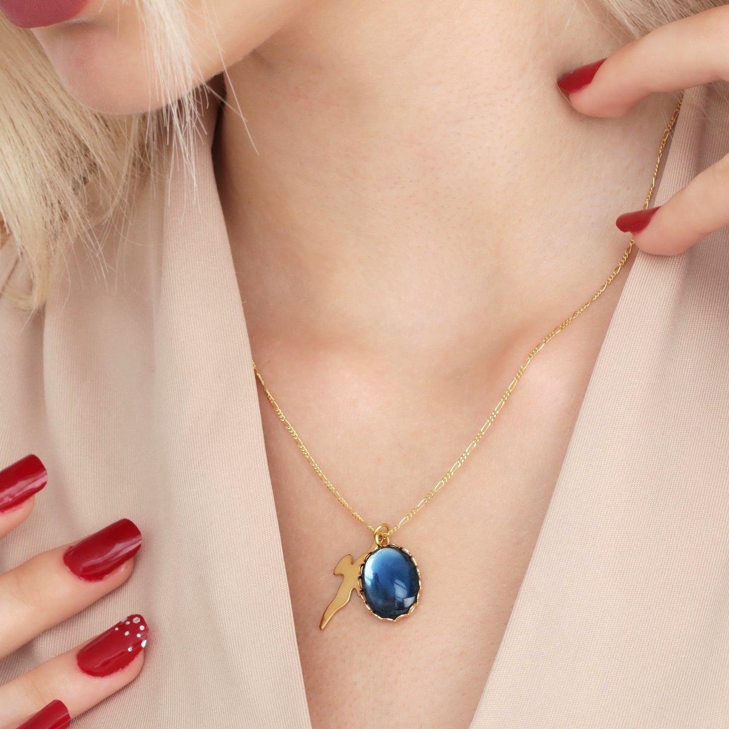 Swallow Blue Cabochon Pendant Chain - 925 Sterling Gold Plated…