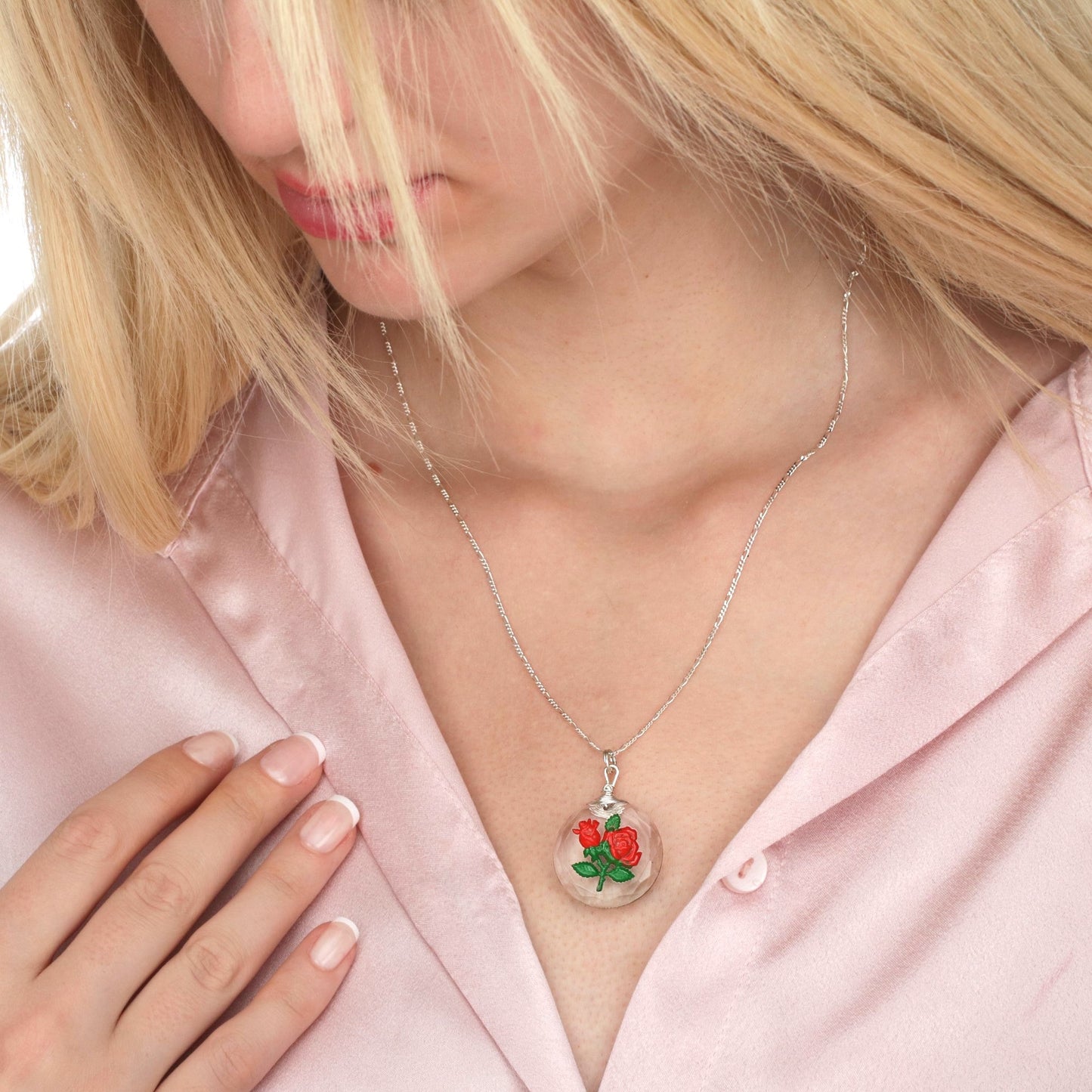 Frosted rose glass pendant chain - 925 sterling silver 3D symbolic…