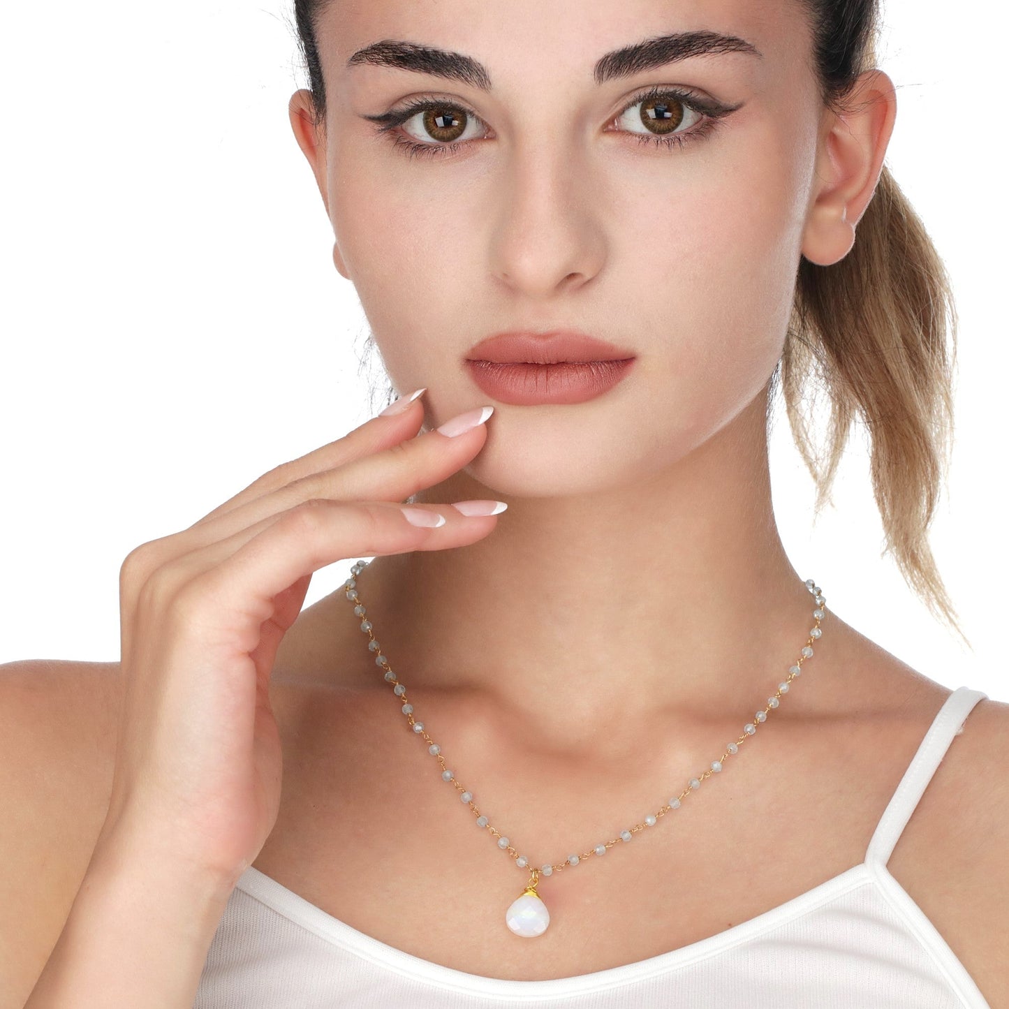 Moonstone & Aquamarine Gemstone Teardrop Pendant Necklace Gold
