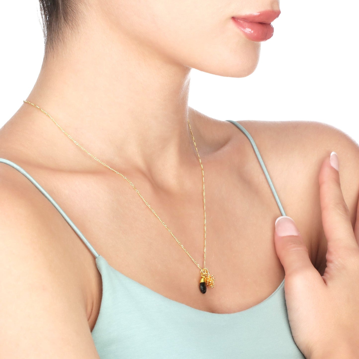 925 Moldavit & pine cones Sterling gilded gemstone chain