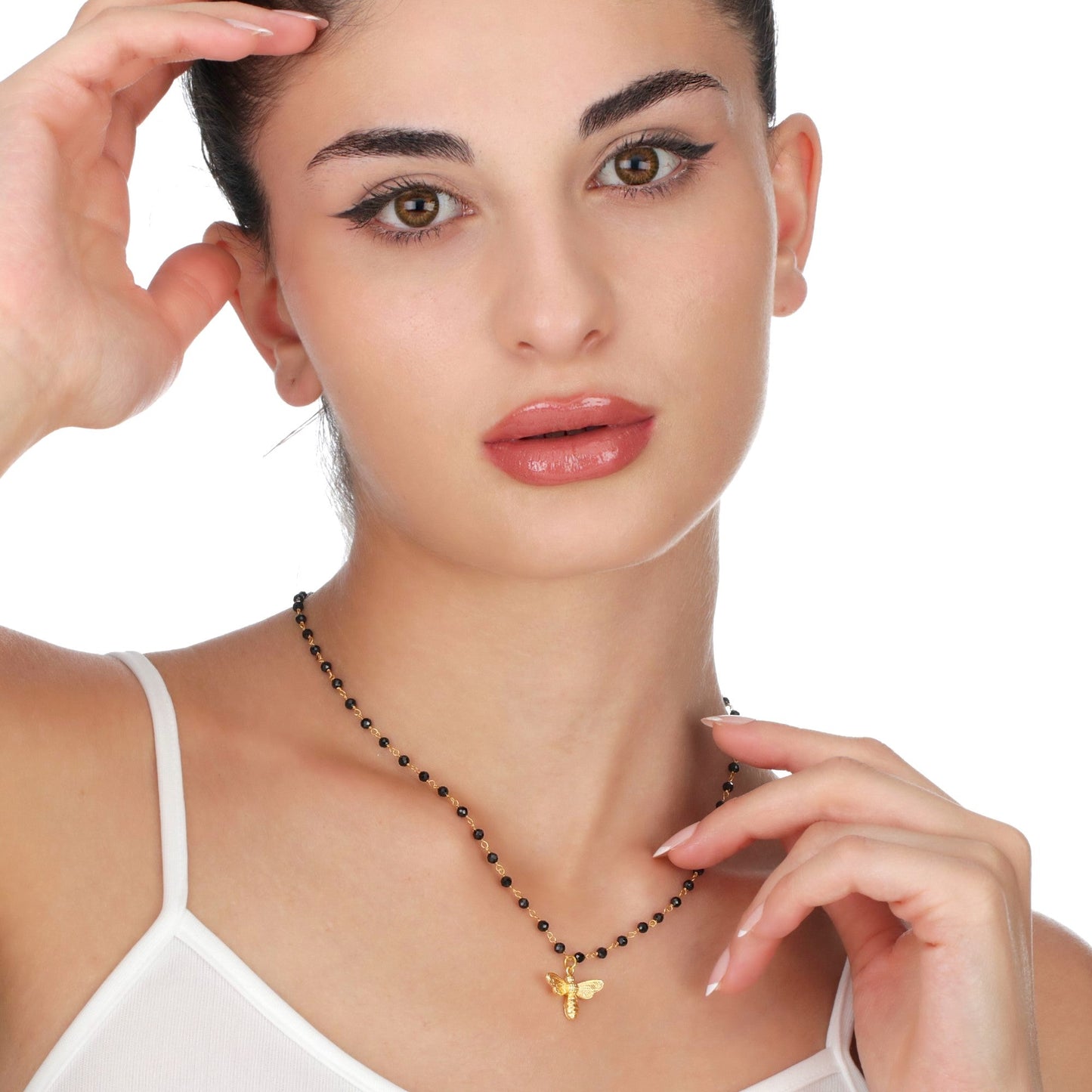 Gold Bumblebee Necklace with Onyx - Gemstone Chain with Petite Bees…