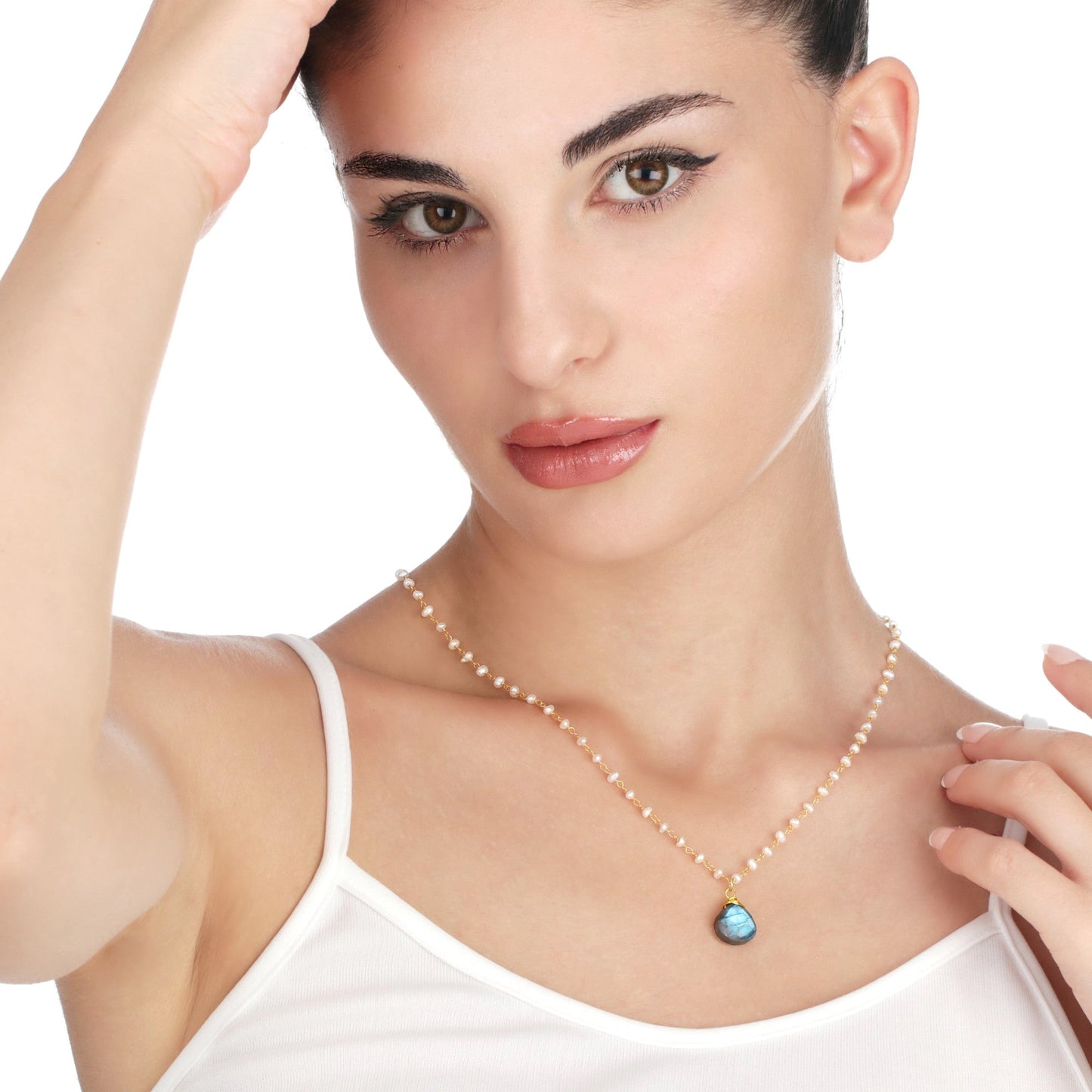 Labradorite & Freshwater Pearl Gemstone Drop Pendant Necklace Gold