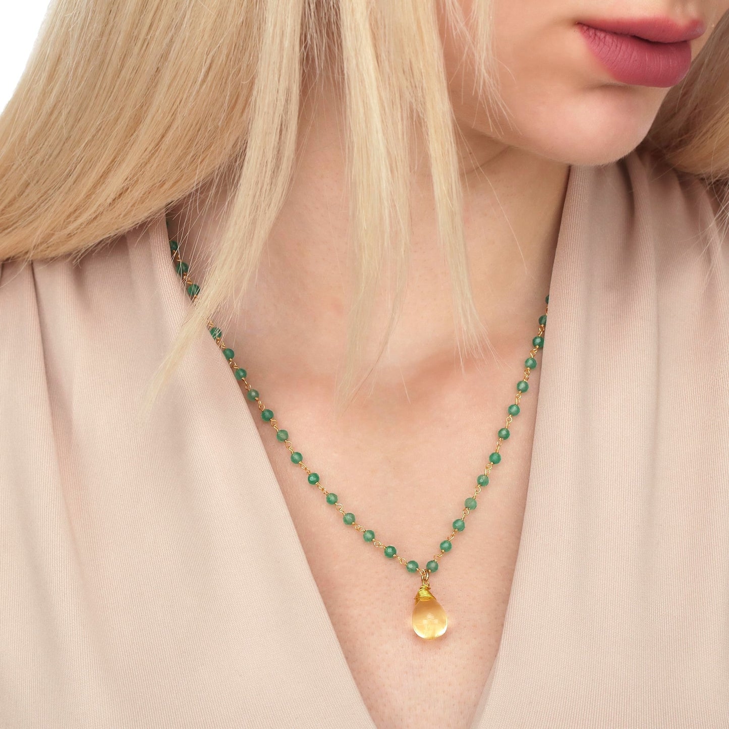 Gemstone necklace with Aventurine and Citrine teardrop pendant - VIK-26