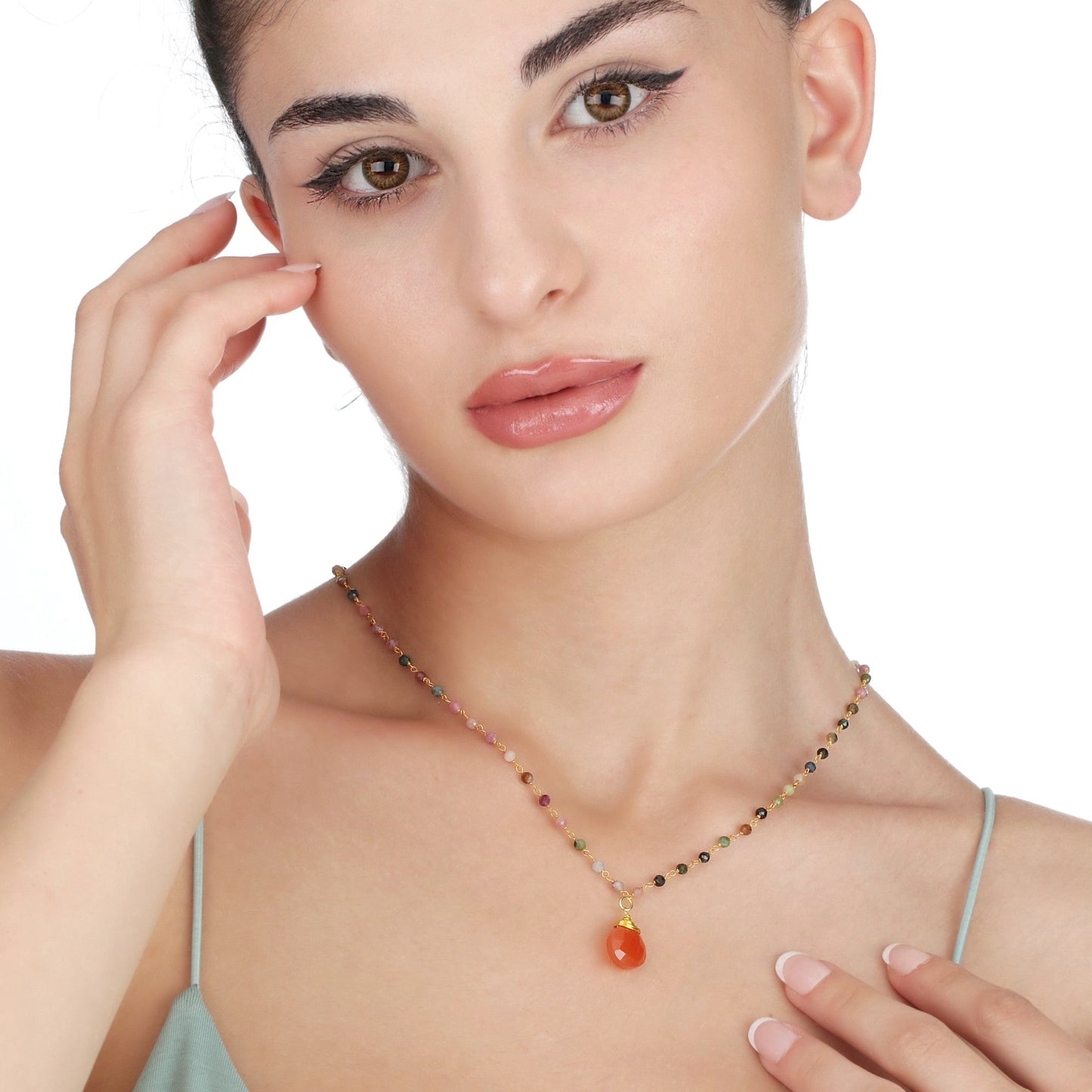 Carnelian & Tourmaline Gemstone Teardrop Pendant Necklace Gold - VIK