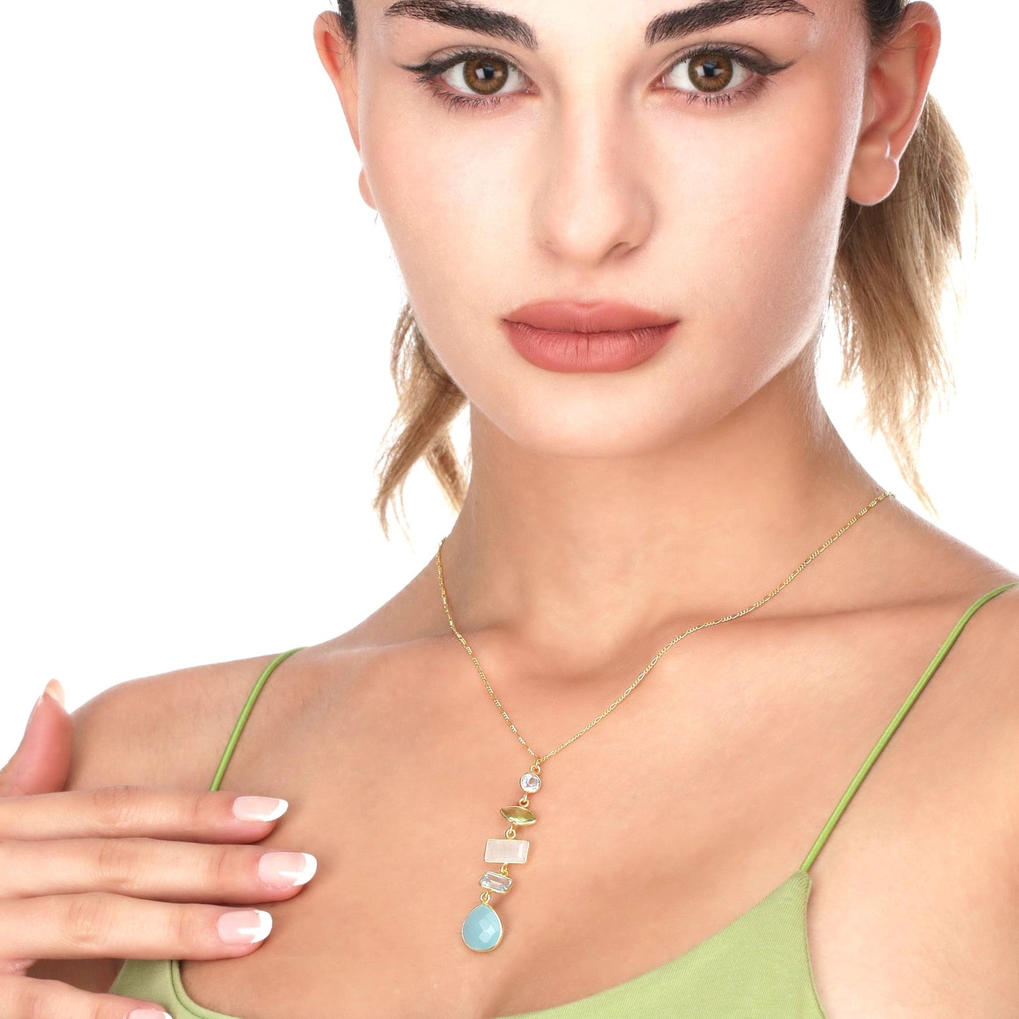925 Sterling Silver Gold-Plated Multi-Gemstone Necklace (PR062)