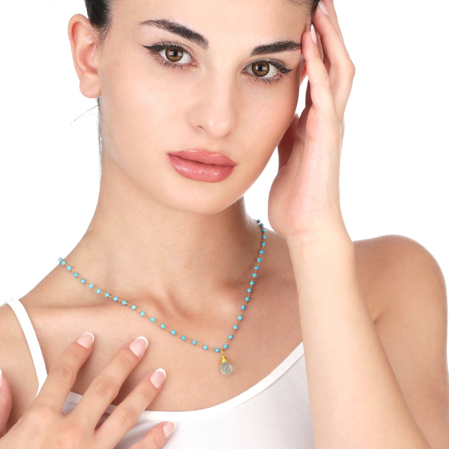 Chalcedon Drop Gold Chain - Gold Plated Blue Gem Rondella Elegant…